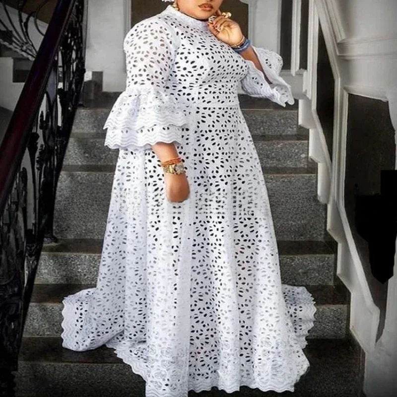 Witte jurk vrouwen flare mouw o hals party lange maxi jurken kant hoge taille vestidos huwelijksnacht losse elegante lente 20 - afbeelding 2