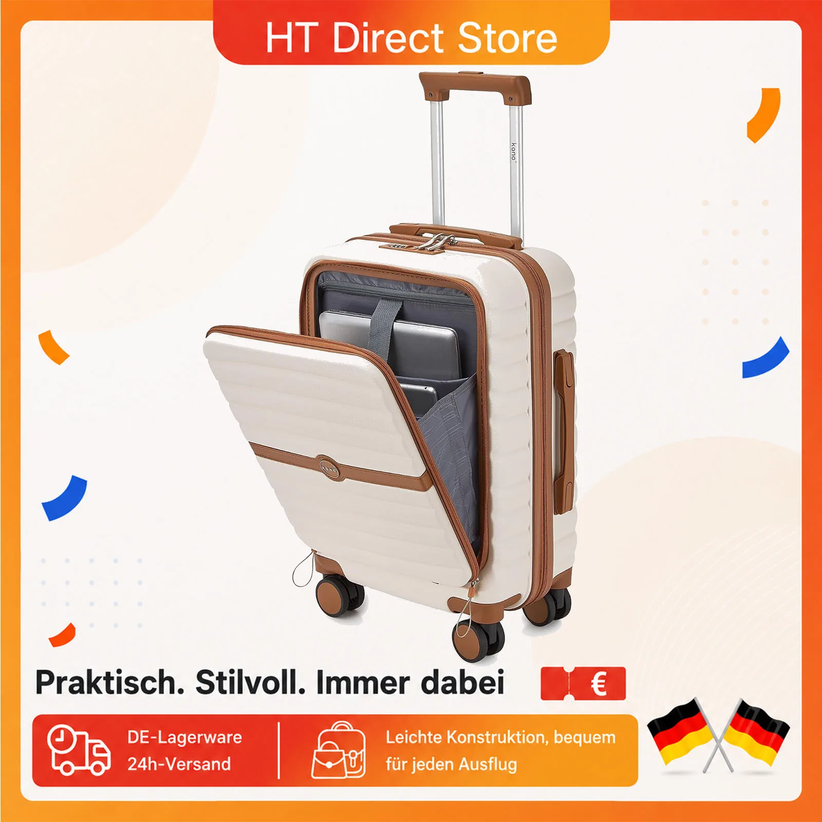 KONO Business Handgepäck Koffer mit Laptopfach, ABS+PC Hartschale Reisekoffer 55x38x24cm, Kabinentrolley für Flugzeug