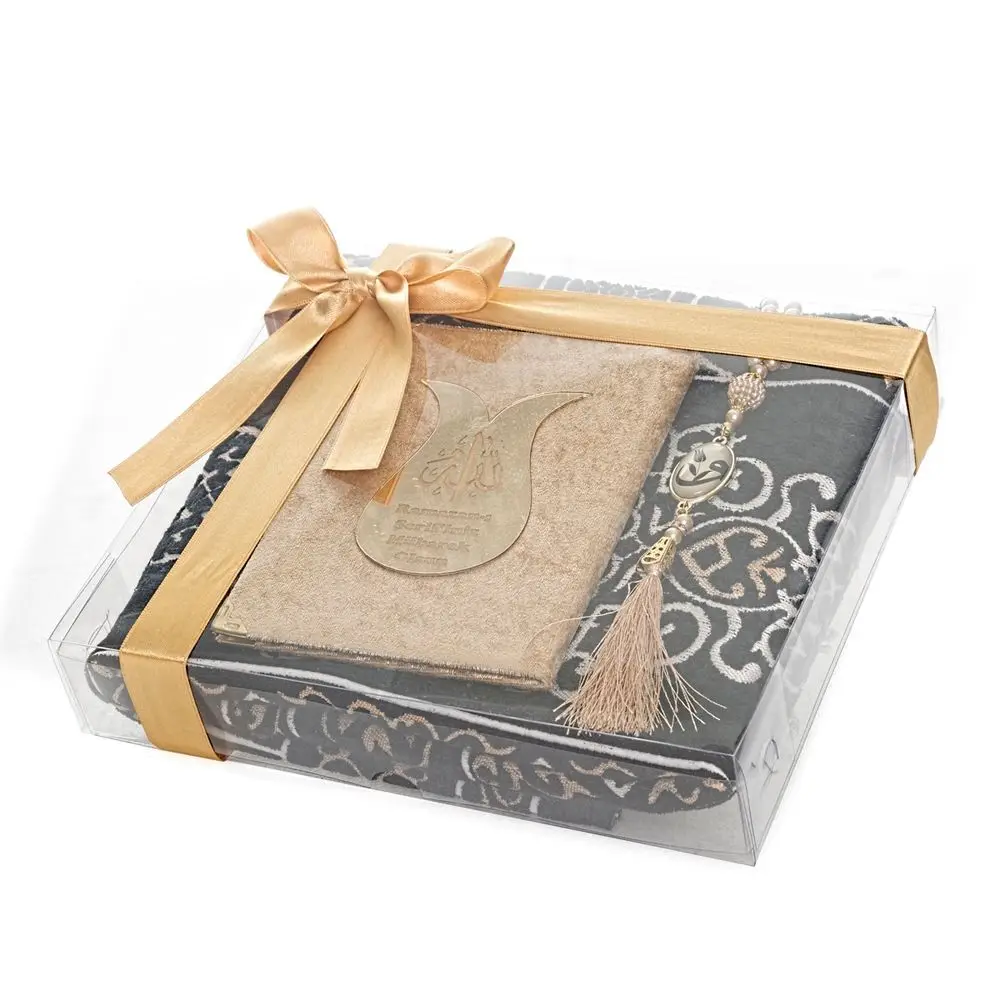 

Kaaba Patterned Luxury Prayer Rug for Your Loved Ones - Velvet Covered Yasin Book - Set with Pearl Rosary.