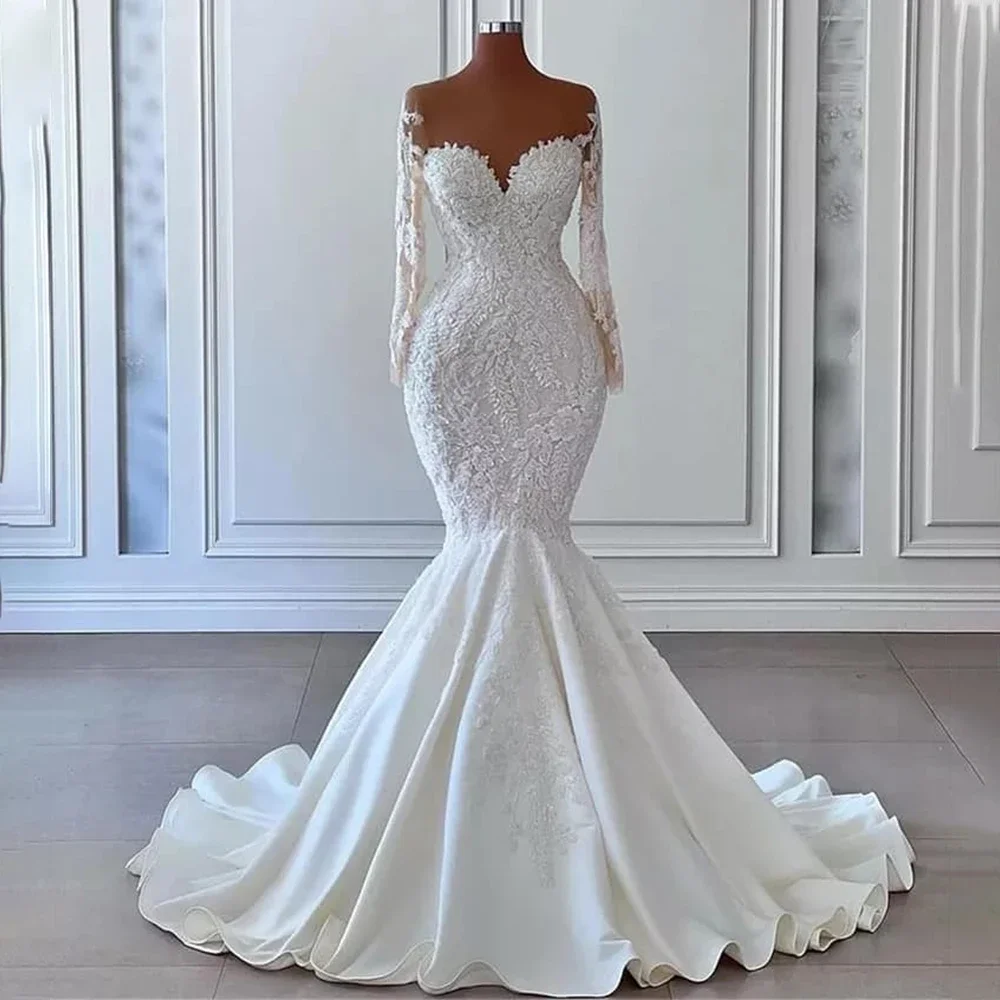 Ivoor trouwjurk luxe applique pure tule hals zeemeermin bruidsjurken voor bruid lange mouwen satijn elegante bruidsjurken - afbeelding 2