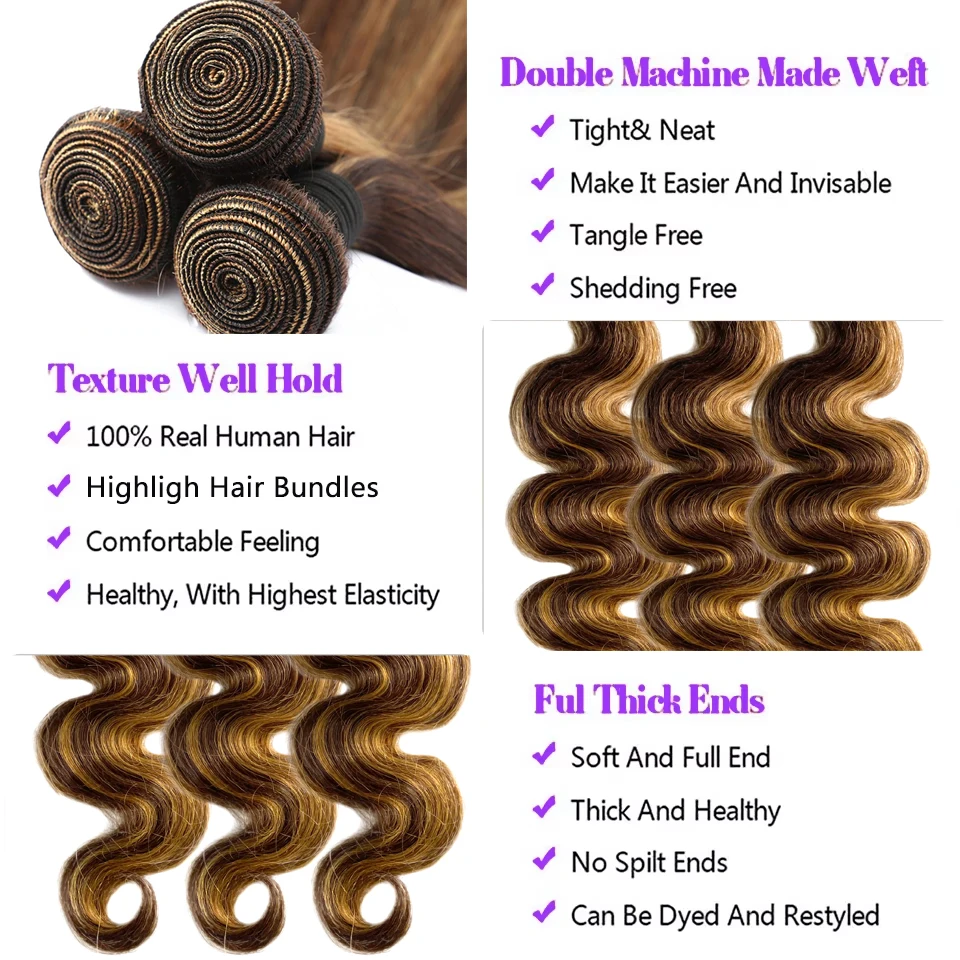 30 Inch Body Wave Bundles 100% Brazilian Human Hair Highlight Bundles Ombre Virgin Raw Weave Color Bulk Hair Extension for Women