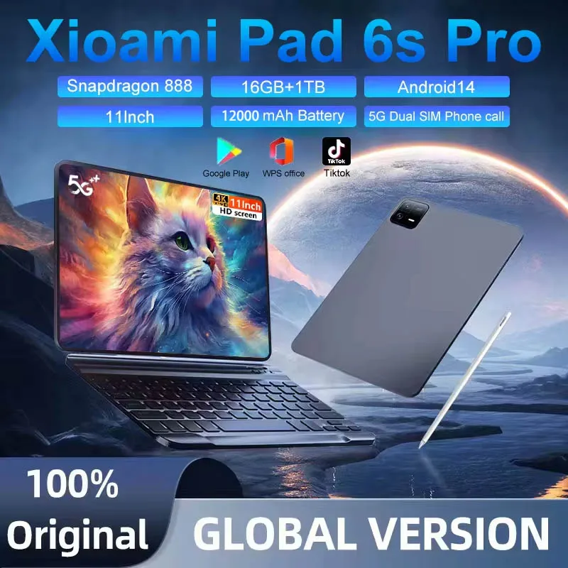 Global Version Tablet PC Original Xioami Pad 6S Pro HD 4K Android 14 16GB+1024GB 12000mAh GPS 5G Dual SIM Bluetooth WiFi Tablet