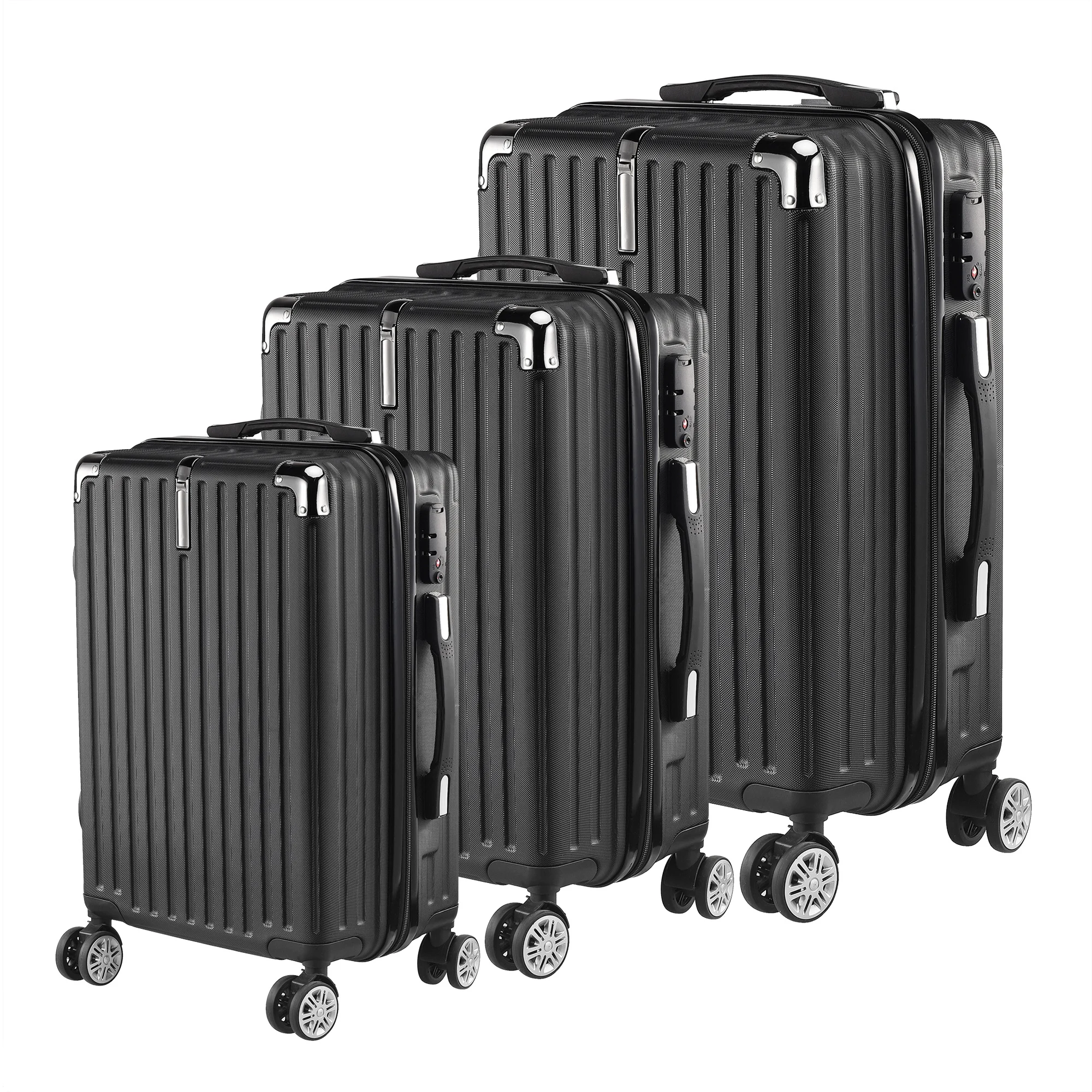 Dreiteiliges Gepäckset: schwarzer Hartschalenkoffer, leichtes ABS-Material, mit TSA-Schloss, geräuscharme Universalräder, Reise-Trolley-Koffer.