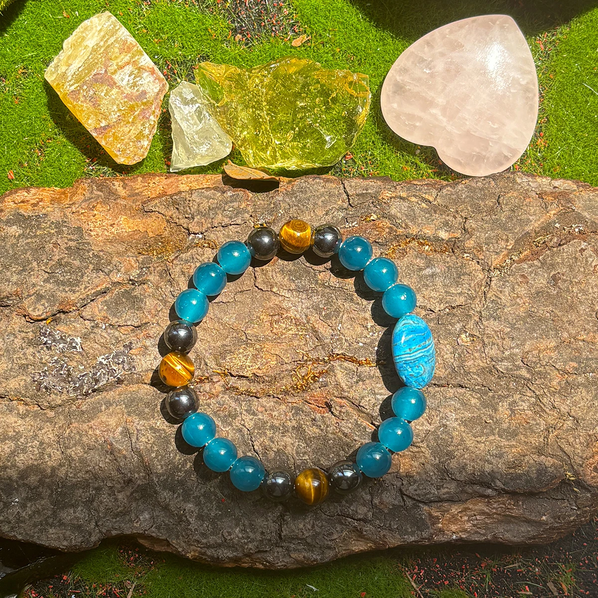 1pc/dream stone bracelet, handmade with natural tiger eye stone and blue apatite, suitable for men and women, bohemian style med