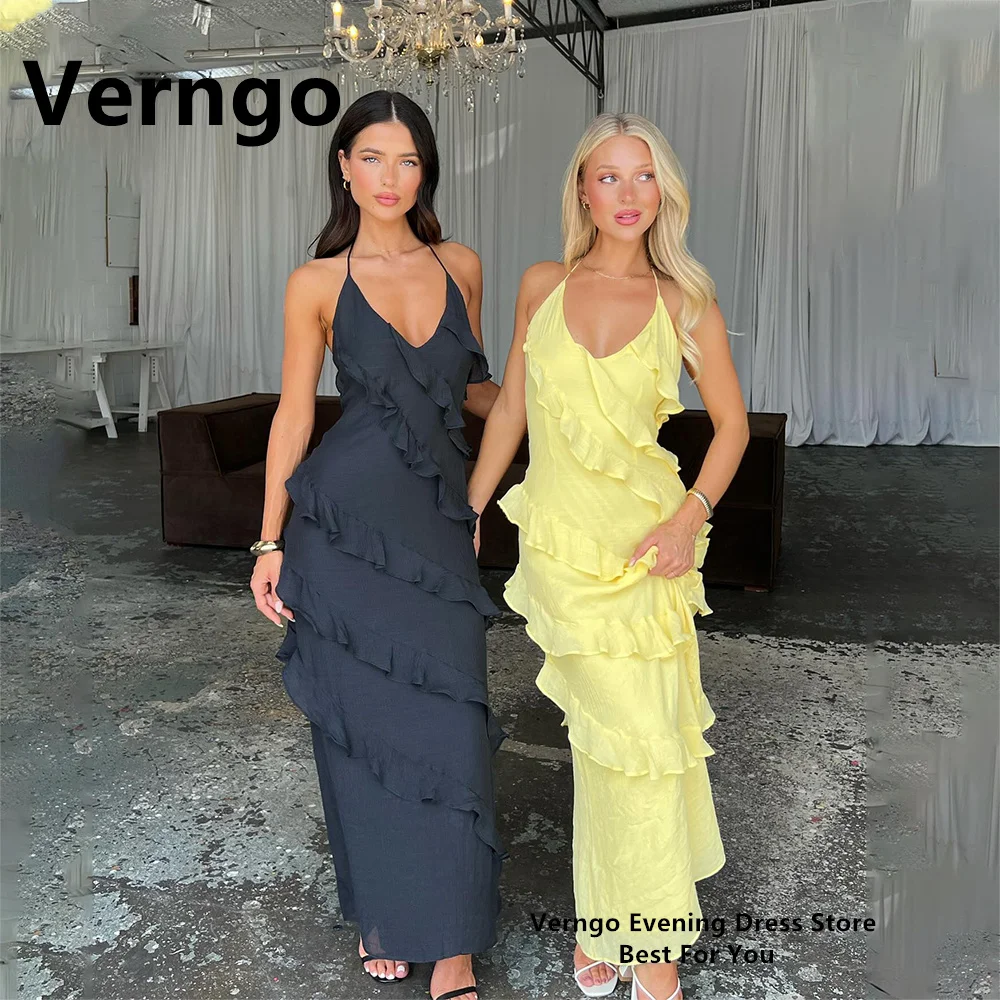 

Verngo Black/Yellow Chiffon Party Dress For Women Spaghetti Straps A Line Evening Gowns Simple Tiered Formal Ocassion Dress