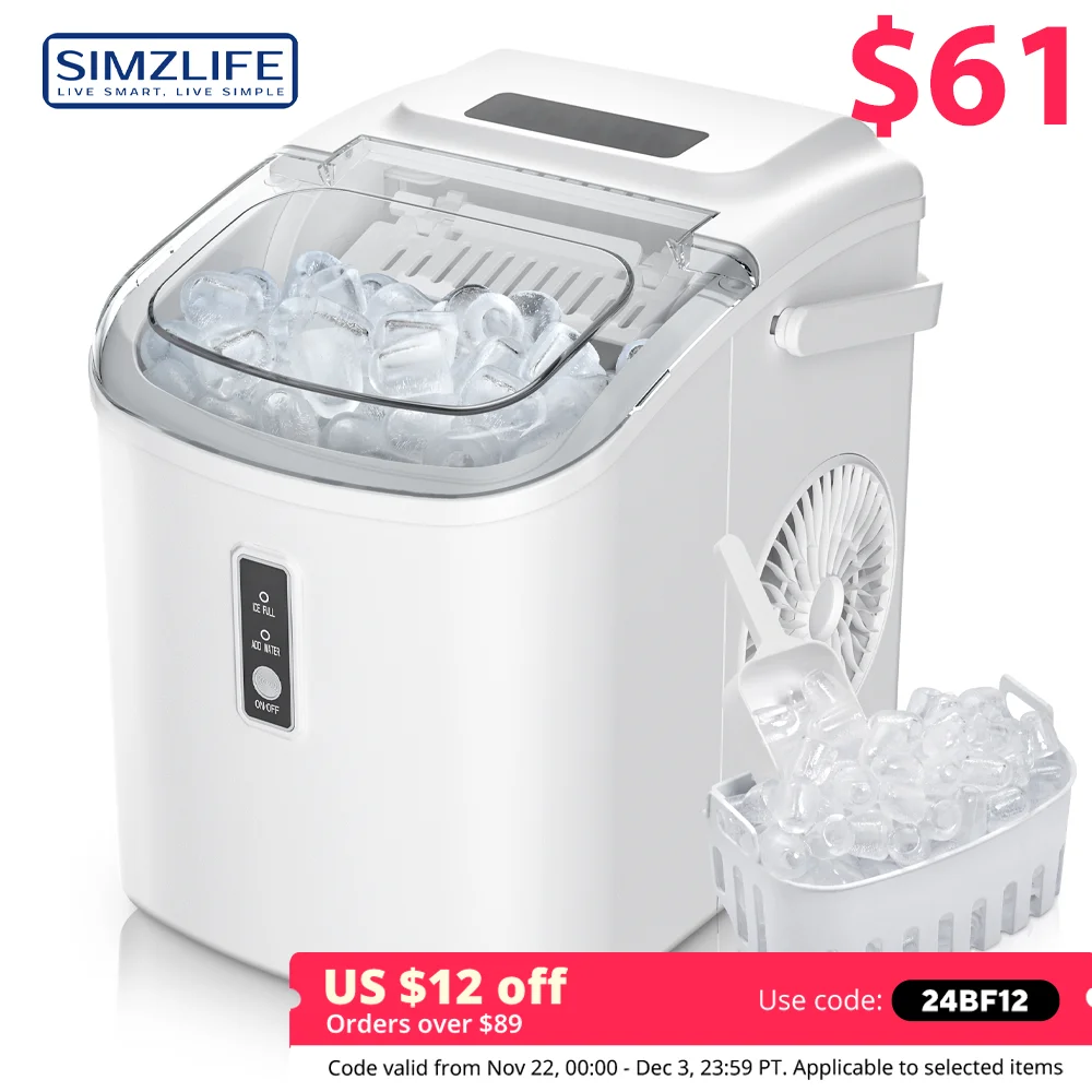 SIMZLIFE Portable Ice Maker Machine 26.5lbs/Day 9 Cubes in 6 Mins with Auto-Cleaning Basket and Scoop for Kitchen Office Party