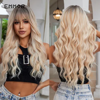 Emmor Long Wavy Blonde Synthetic Wigs Ombre Brown Daily Natural Hair Wigs With Bangs Cosplay Party for Women Heat Resistant Hair