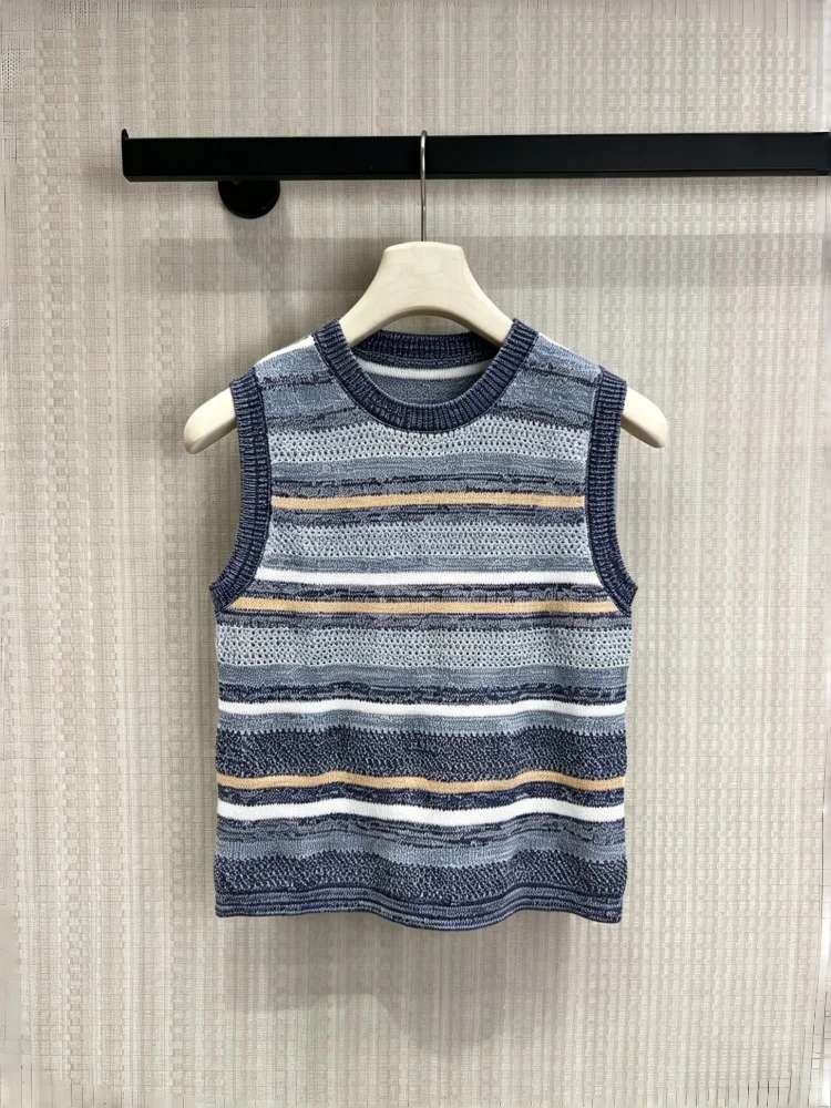 

Summer Women's Vest Knitted Sweater Round Neck Contrasting Stripes Metal Letters Loose Fitting Pullover Sleeveless T-shirt
