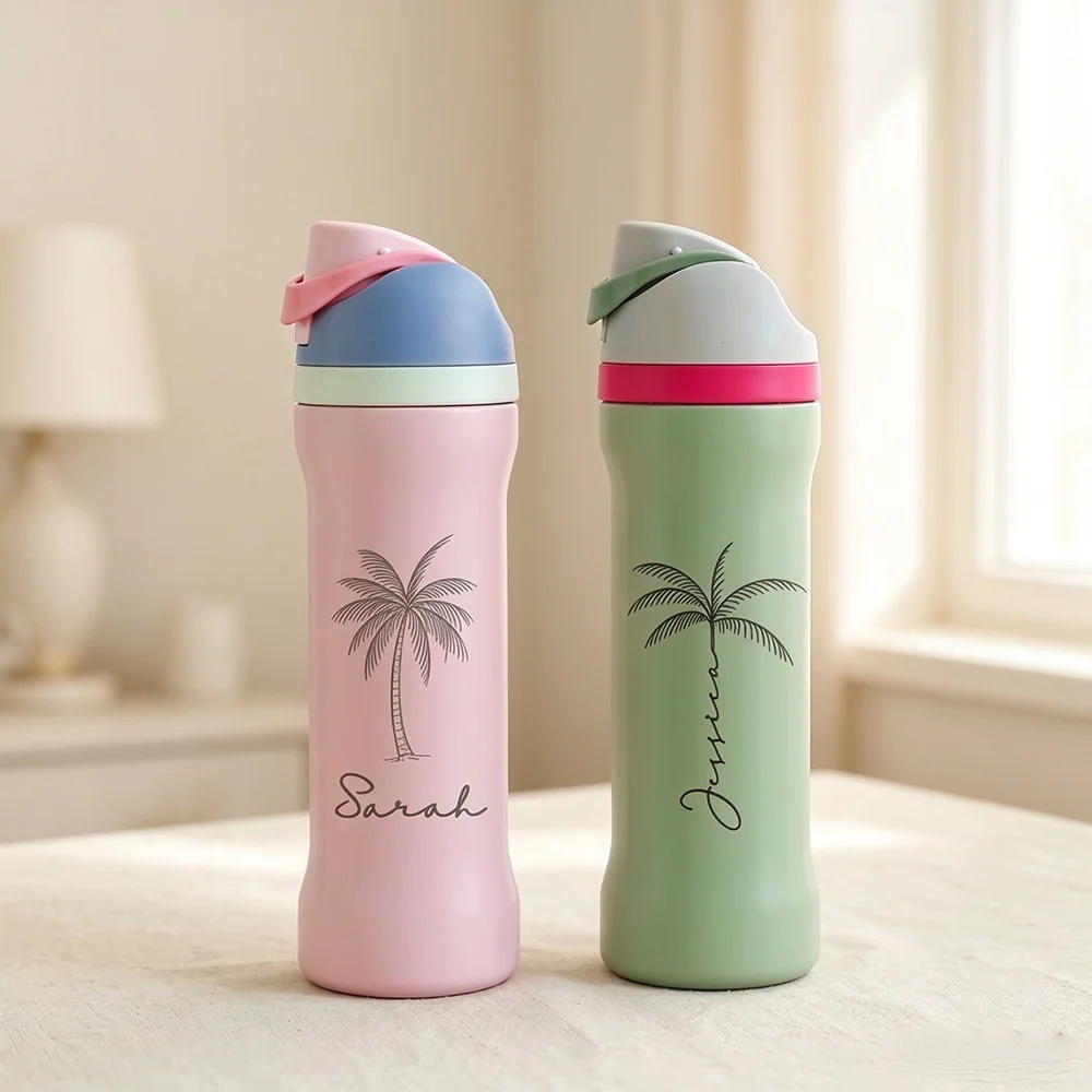 Custom Palm Tree Water Bottle Personalized Stainless Steel Insulated Thermos with Flip Straw Lid Outdoor Beach Travel Cup. view 5