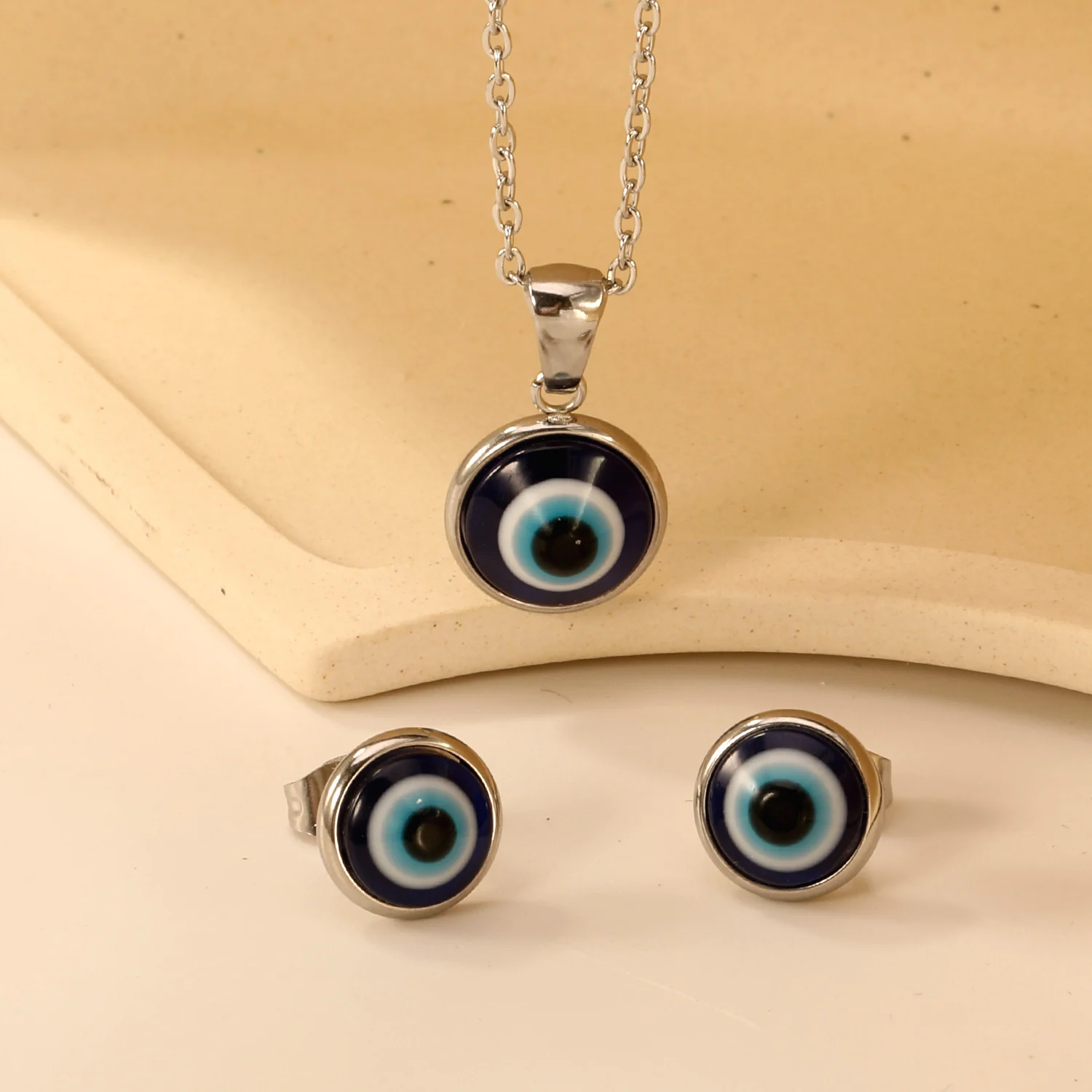 LUXUKISSKIDS Black Rectangle Shell Pendant Necklace Earrings Casual Blue Eyes Stainlesss Steel Silver Color Jewelry Set сережки