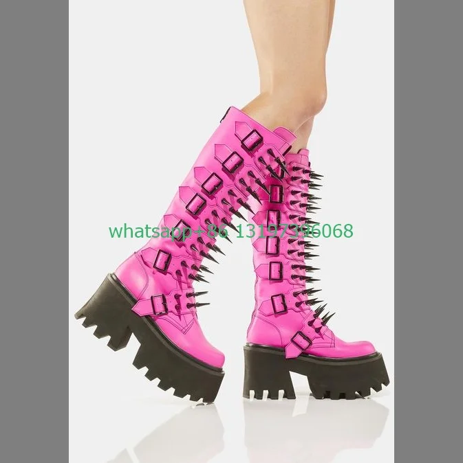 Lady buckle spiked knee high platform combat boots neon pink platform Y2K design boots punk metal spike vintage design boots 46