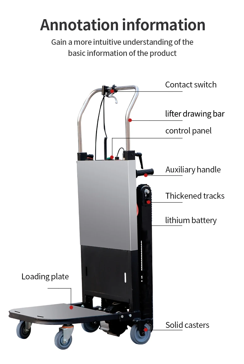 Raupentreppenkletterer. 270-400 kg Treppensteiger mit Batterie. Robuste Frachtbehandlungsmaschine. Raupenwagen, Handwagen