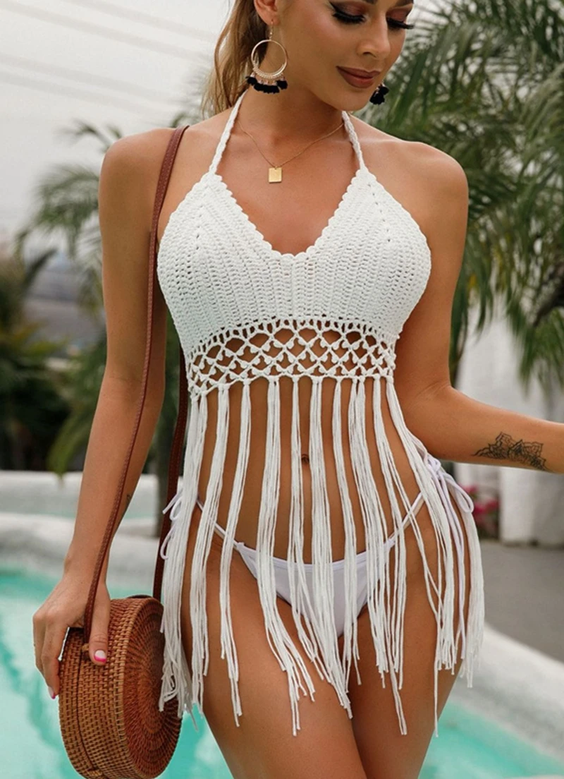 

Женский сексуальный вязаный топ на шнуровке с лямкой на шее, длинный бикини с кисточками, накидка, купальник, вязаный крючком жилет, майки, женская пляжная одежда