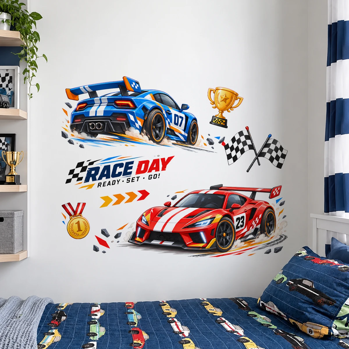 Racing Car Wall Sticker Sports Car Checkered Flag Trophy Race Day Wall Decal Bedroom Playroom Decor