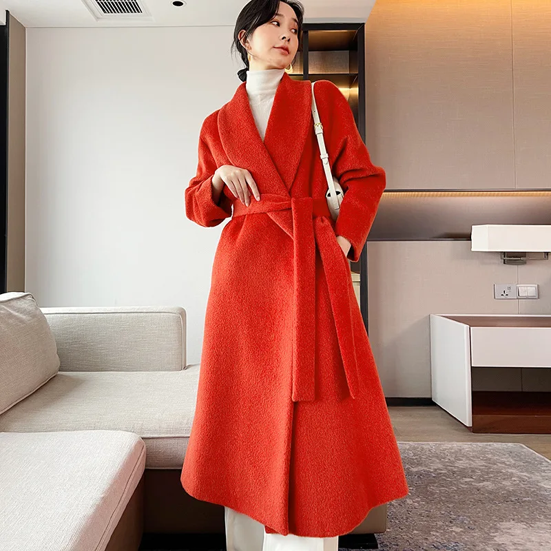 

High -end Alpaca Coat Women Warm Orange -red Wool Outer Women 2022 New Fashion Leisure Classic Commute Jacket