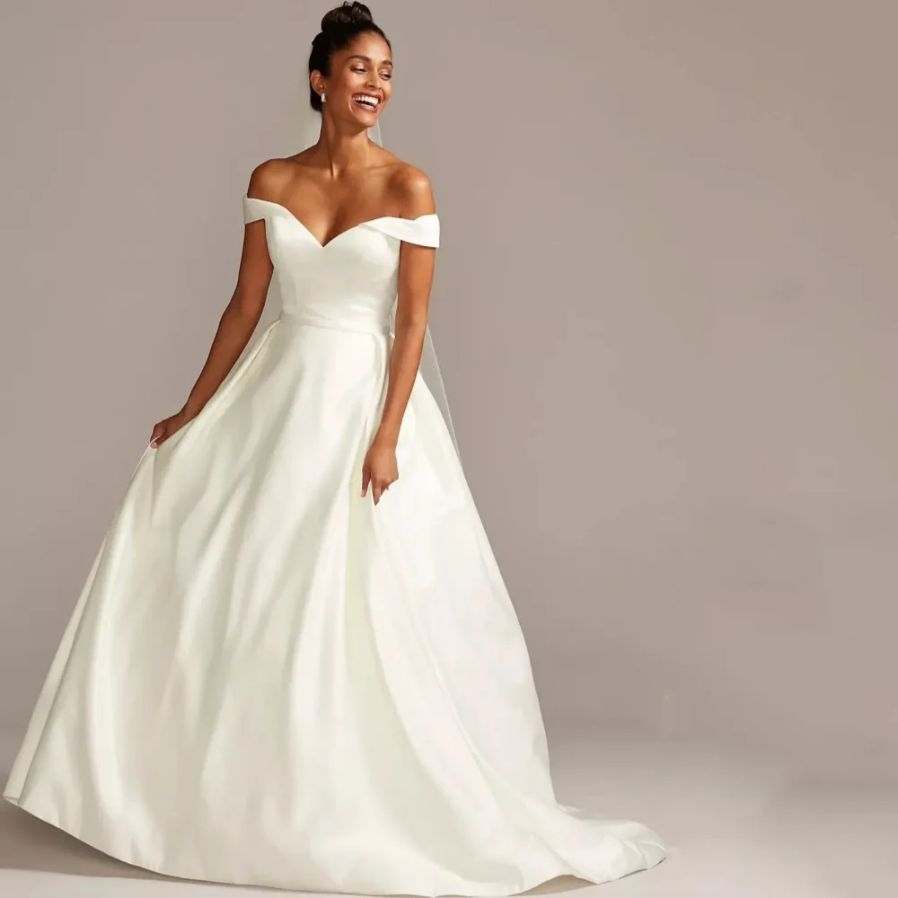Suknie ślubne na zamówienie Elegancka satyna Linia A Odkryte ramiona Szata ślubna Klasyczne nowoczesne suknie ślubne Nowe Vestidos De Noiva