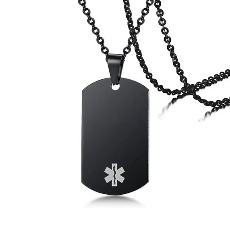 Czarny wisiorek z nieśmiertelnikiem Naszyjnik z identyfikatorem alertu medycznego dla mężczyzn Kobieta Biżuteria ze stali nierdzewnej Emergency SOS Diabetic Jewelry 24Inch — zdjęcie 2