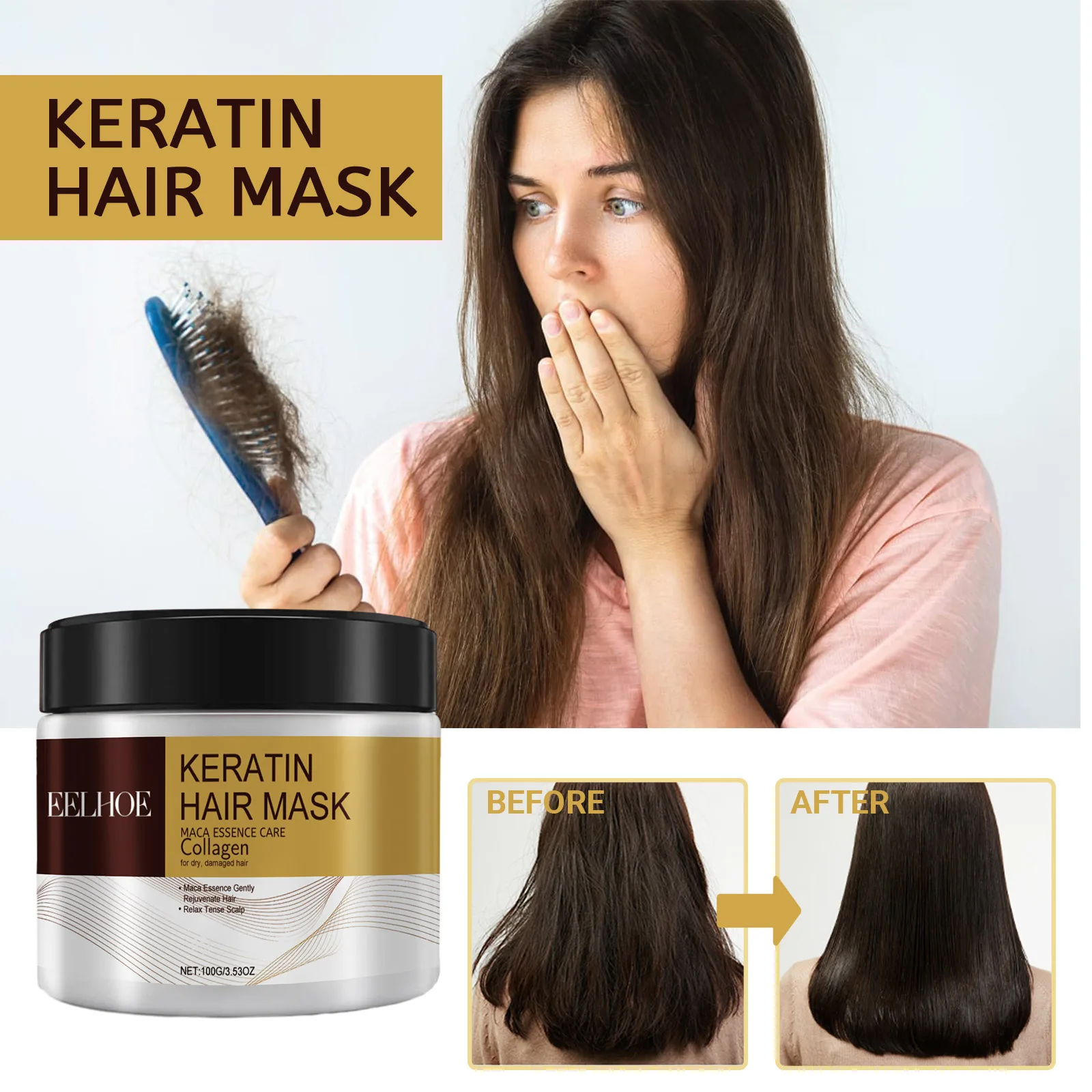 Eelhoe 100g Collagen Keratin Hair Treatment Mask Conditioner Nourishing Anti Hair Loss Repair Split End Smooth Frizzy Hair Care