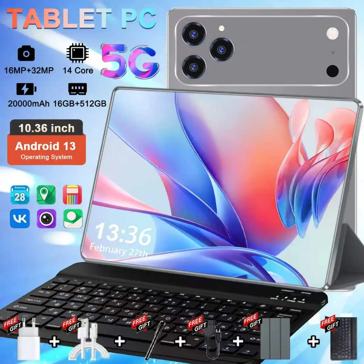 Nouvelle tablette Android mondiale 10,36 pouces 4K HD, 10 cœurs, 16 Go de RAM, 512 Go de ROM, 12000 mAh, Bluetooth, Android 13.0, Wi-Fi, Type-C, GPS