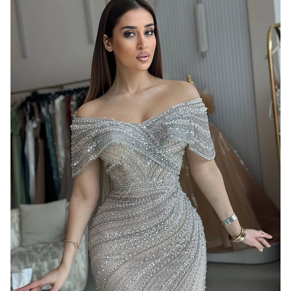 Luksusowa suknia wieczorowa Dubai Mermaid V Neck dla kobiet 2024 Eleganckie koraliki Arabskie długie formalne suknie ślubne na studniówkę Dostosowane