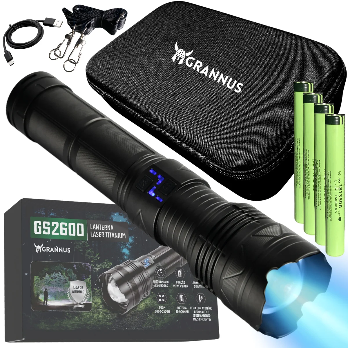 World's Strongest Titanium Laser Military Tactical Flashlight Powerful Rechargeable Grannus GS2600 C/Tactical Bag Battery 30.400mAH