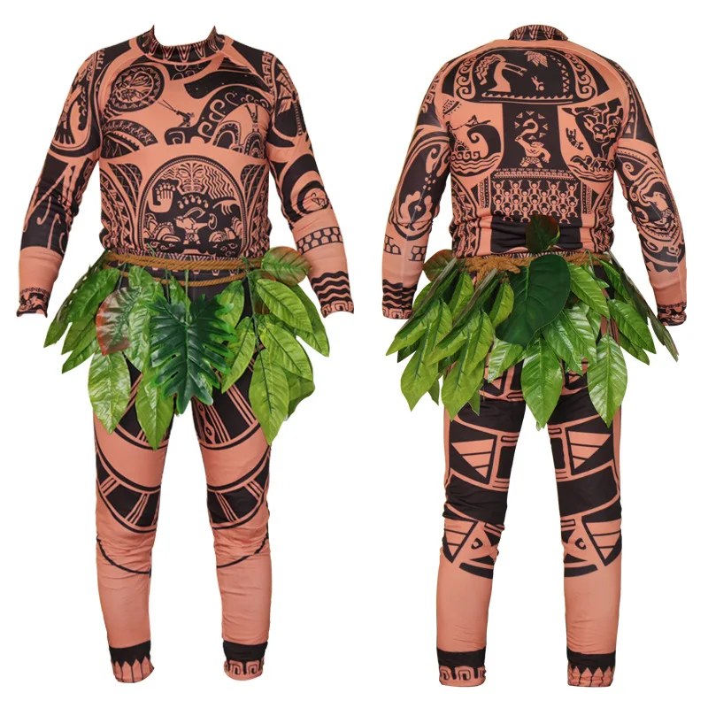 Hot Sale Moana Character Cosplay Tight One-Piece Suits Halloween Maui Tattoo Printed Costume for Adults and Kids