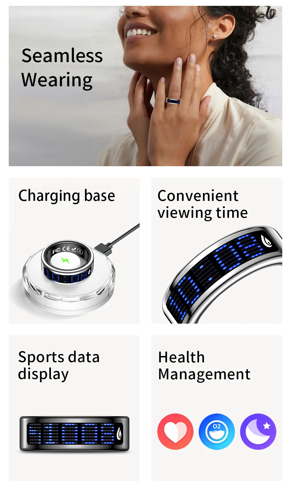 R12 Smart Ring （USA Warehouse）Display Screen and Touch, Wireless Charging, Health Manager, 5 ATM Waterproof For Men Women