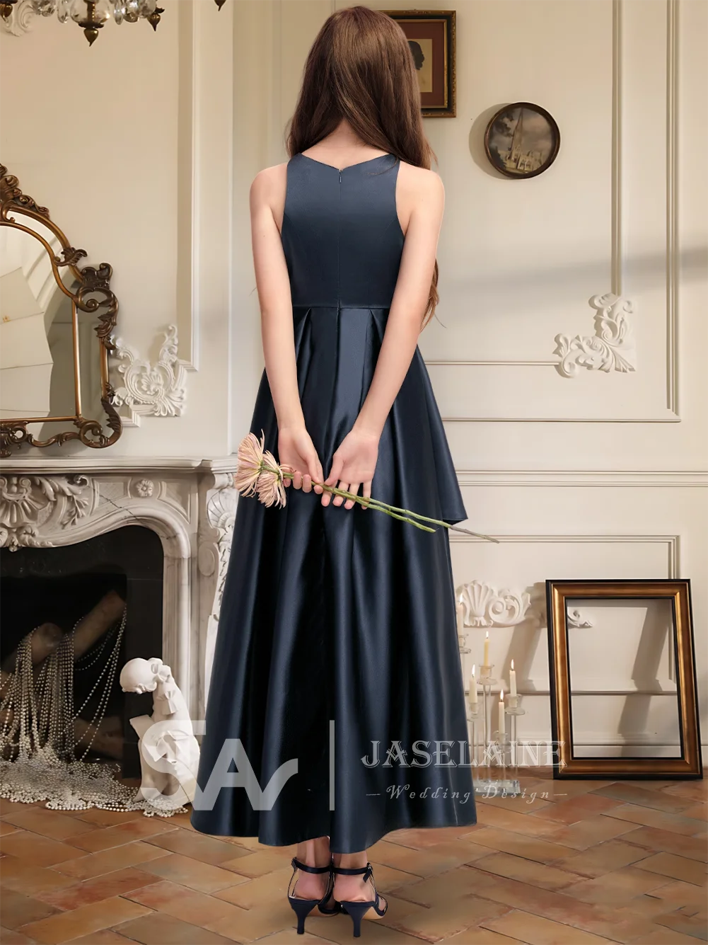 Elegant A-Line Scoop Asymmetrical Satin Junior Bridesmaid Dress Cascading Ruffles Flower Girl Dress Girls Party Wedding Formal