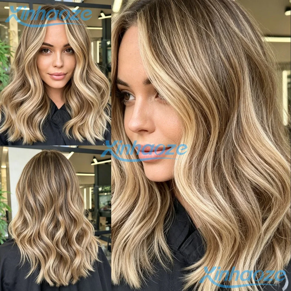 

Human Hair Brown Platinum Blonde Highlight Balayage Body Wavy 200% Density 13x4 Lace Front Wigs With Bleached Knots