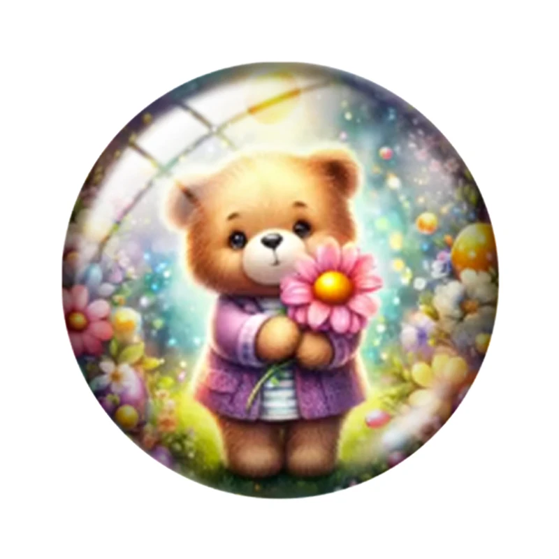 Cartoon Cute Flower Bear  for jewelry production 12mm/25mm/30mm Round photo glass cabochon demo flat backMaking findings