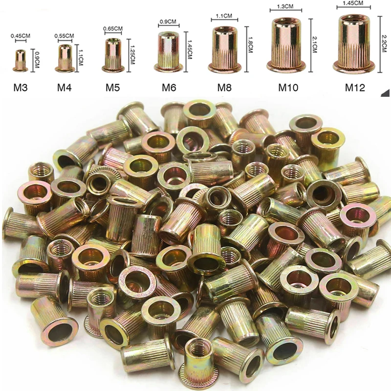 10/20/50PCS Rivet Nuts Carbon Steel Rivnuts Blindnuts Flat Head Threaded Nuts Insert Rivet Nuts Tools Kit M3/4/5/6/8/10/12