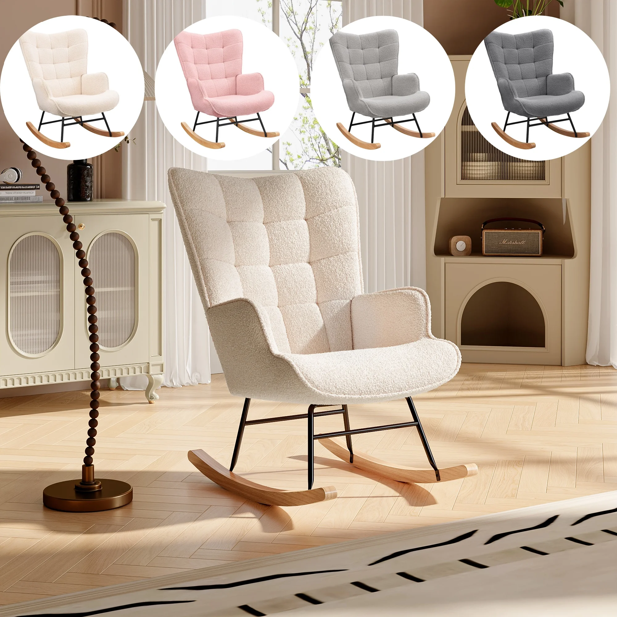 Anajqaqia Chaise à bascule, chaise relaxante, chaise de salon, chaise pivotante, avec structure en métal et base en bois, tissu Teddy