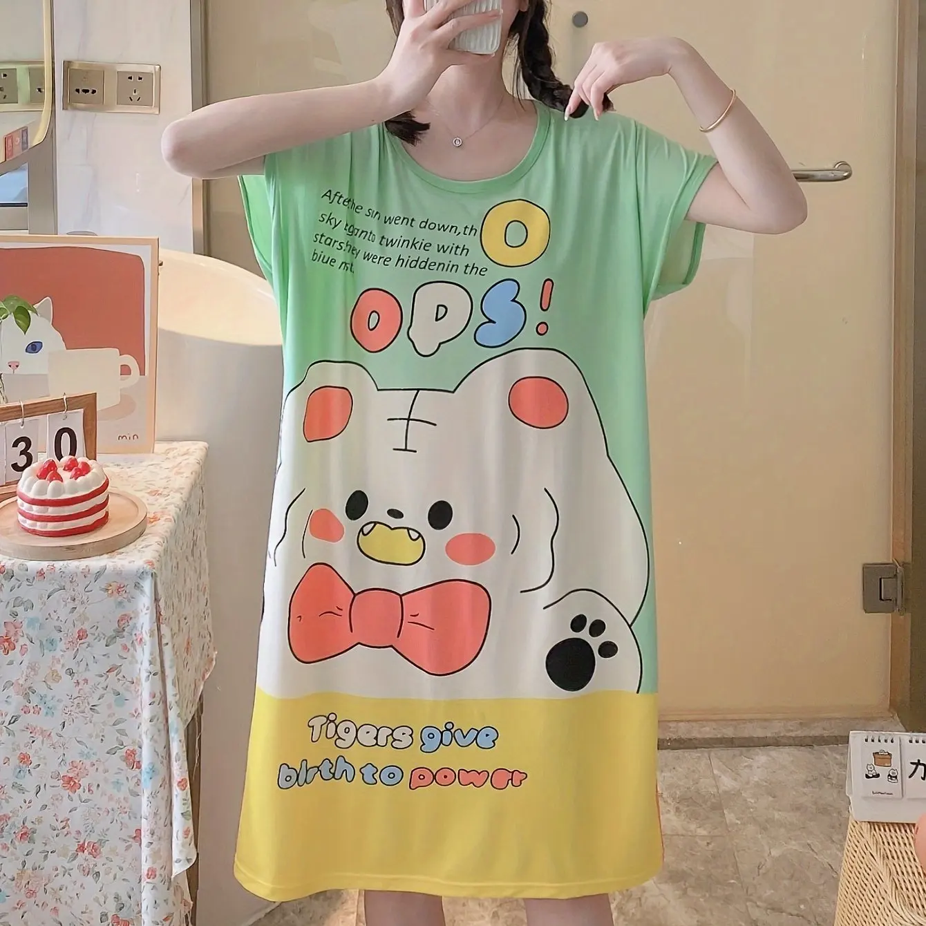 Cute Cartoon Slogan Printed Pajamas Short Sleeve Nightgown Girls Style Student Dress Plus Size Ladies Summer Knee Length Dresses