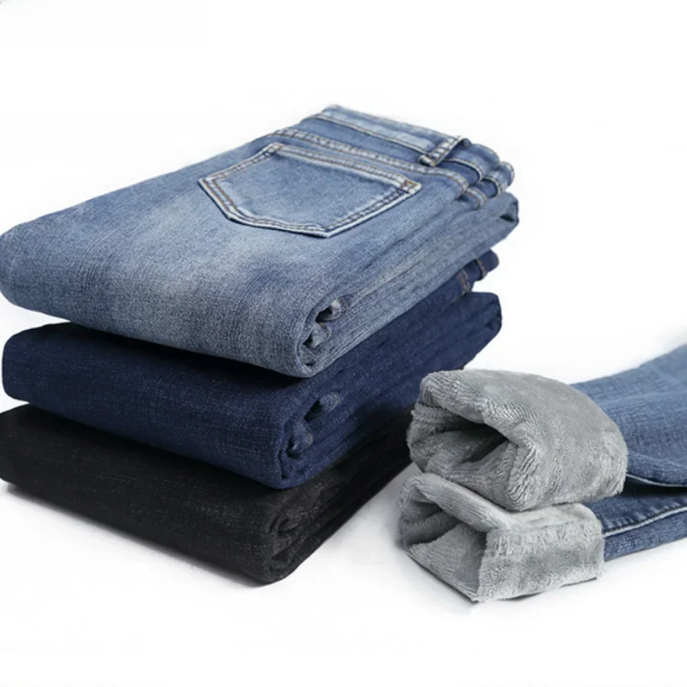 Zimowe grube aksamitne damskie jeansy z wysokim stanem Proste polarowe ciepłe, dopasowane, rozciągliwe damskie spodnie ołówkowe Casual Denim — zdjęcie 2