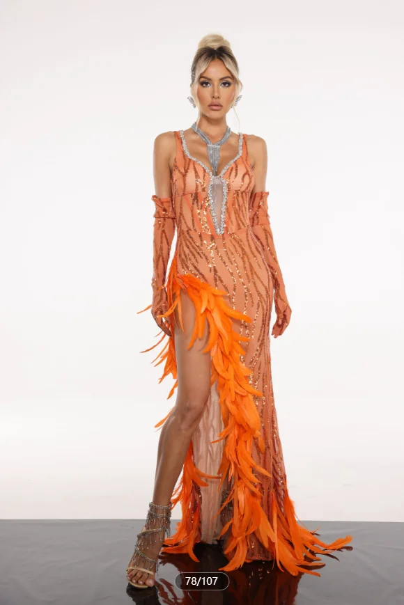 

French Orange V-neck Sleeveless Slim Fit Waist Sequin Slit Long Dress 2024 Rayon Feather Celebrity Party Dress