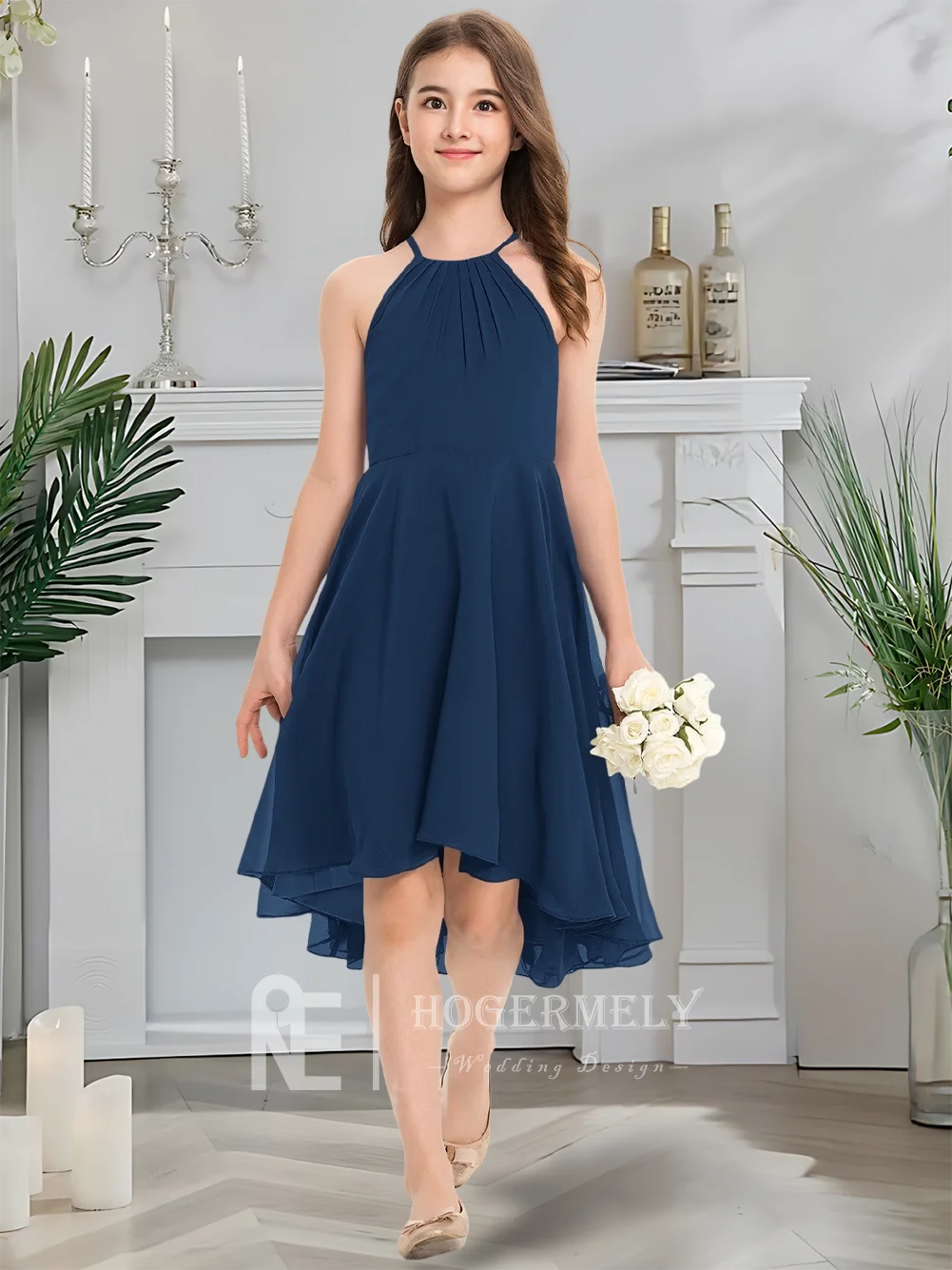 B Bambini Bambino A-Line Halter Chiffon Junior Abito da damigella d'onore Zaffiro Fiore Ragazza Abito Estate Comunione Abito da festa per ragazzi