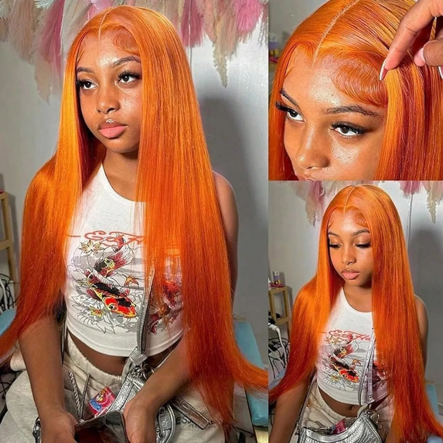 

250Density 13x4 Ginger Orange Straight Lace Frontal Wig Pre Plucked Hairline With Baby Hair HD Transparent Lace Front Human Hair