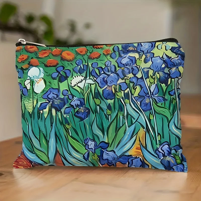1Pc Van Gogh Iris Vintage Design Makeup Bag, Snack Storage Bag, Stationery Storage Bag, Stylish Toiletry Bag, Canvas Double-Sided Print, Multifunctional Travel Storage Bag