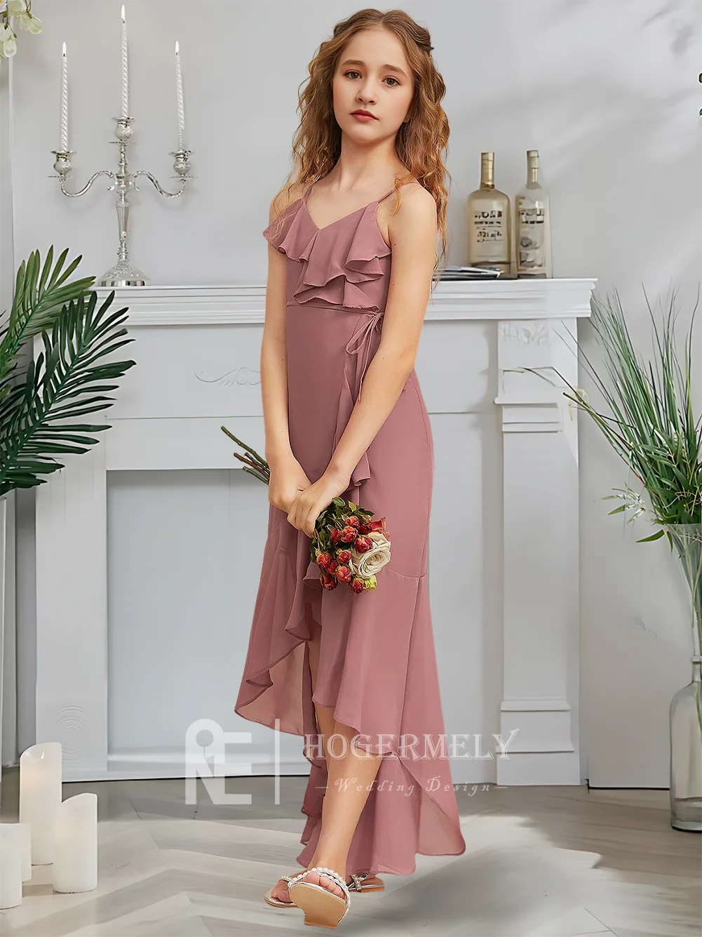 NYJ Kids Sheath Column Junior Bridesmaid Dress Twilight Rose Flower Girl Dress V-Neck Asymmetrical Chiffon Garden Gala Wedding