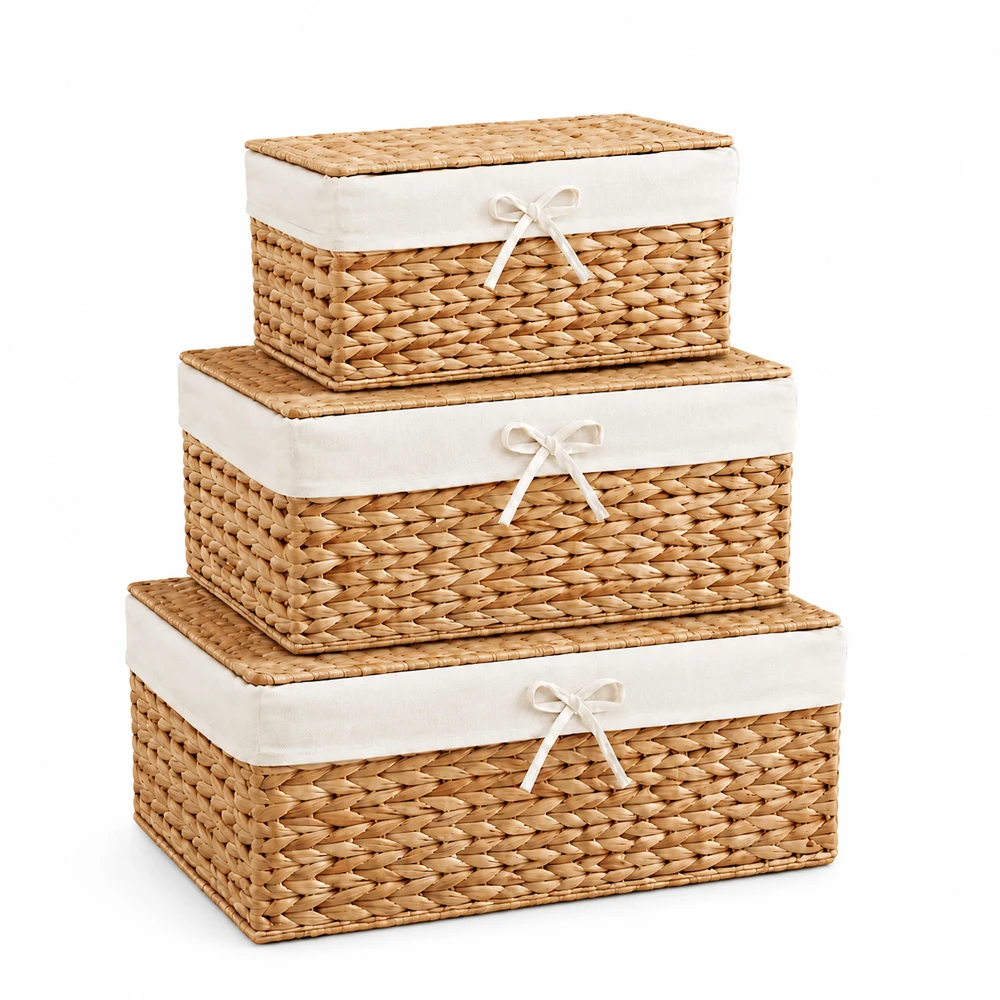 

3-Piece Handwoven Water Hyacinth Storage Basket Set with Lids & Fabric Liners – S/M/L Wicker Organizer Boxes, 33x22x15, 40x25x18, 44x30x20 cm