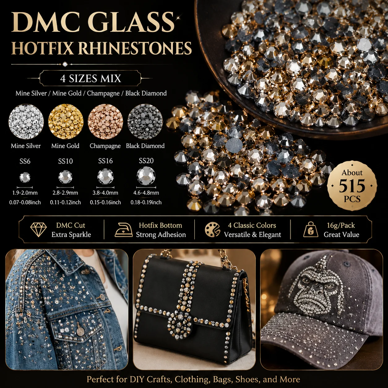 DMC Glass Hotfix Rhinestones 515Pcs Mixed Sizes SS6-20 Mine Silver Mine Gold Champagne Black Diamond for DIY Crafts Clothing
