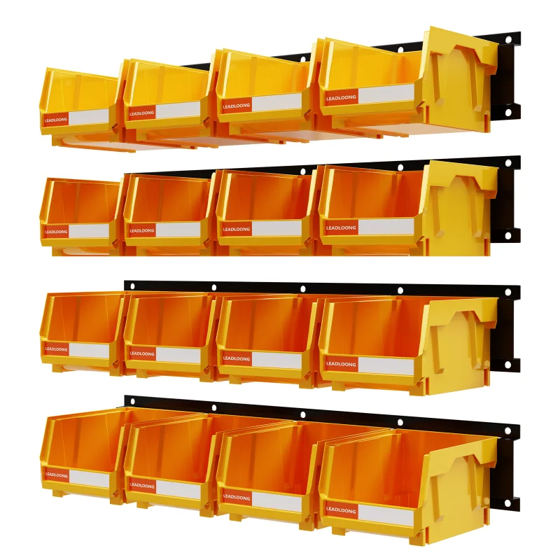 

16-Bin Storage Organizer Wall-Mounted Storage Organizer Set Durable Plastic and Metal Rails for Garage Tool Organization