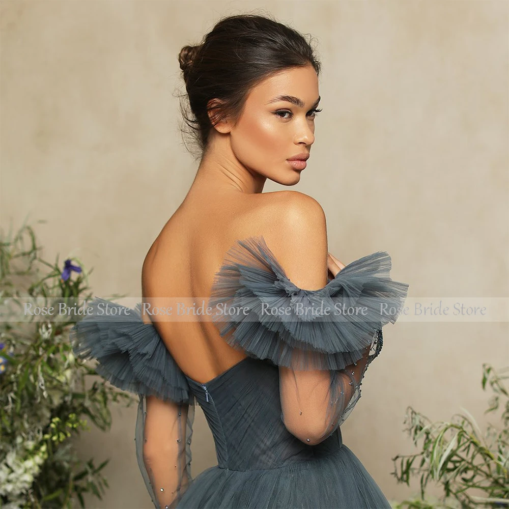 Marineblauwe Avondjurk Lange Bal Off The Shoulder Sweetheart Prom Dress Voor Vrouwen 2023 Tule Backless Eenvoudige Formele Jurken