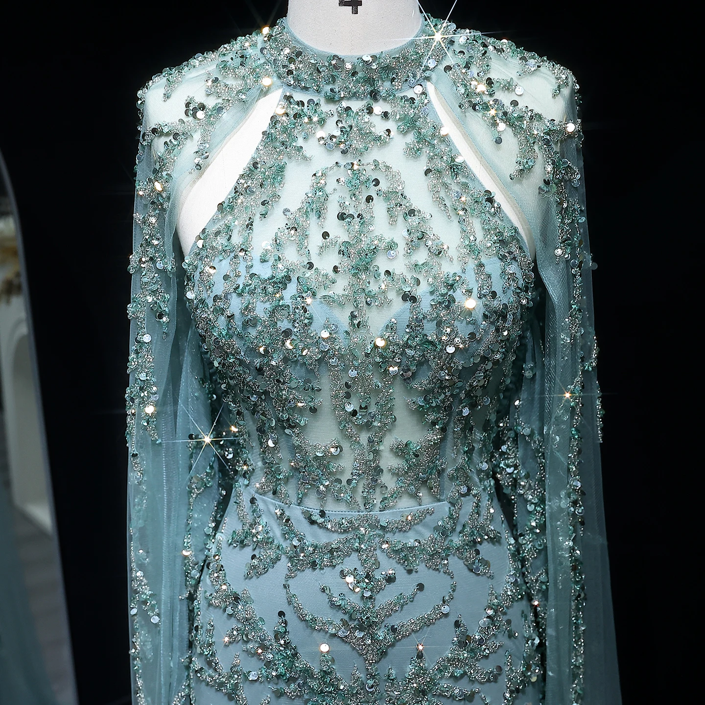 Sharon Said Elegante kralen champagne avondjurk met capemouwen turquoise Dubai vrouwen bruiloft jurken SS161 aangepast