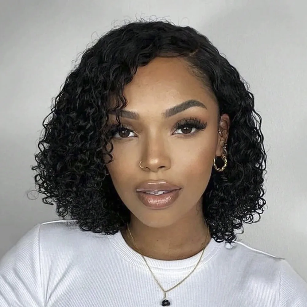 

Short Curly Human Hair Bob Wig Curly Deep Wave Side Part Lace Wigs For Women PrePlucked Brazilian Glueless 13x1 Lace Wig