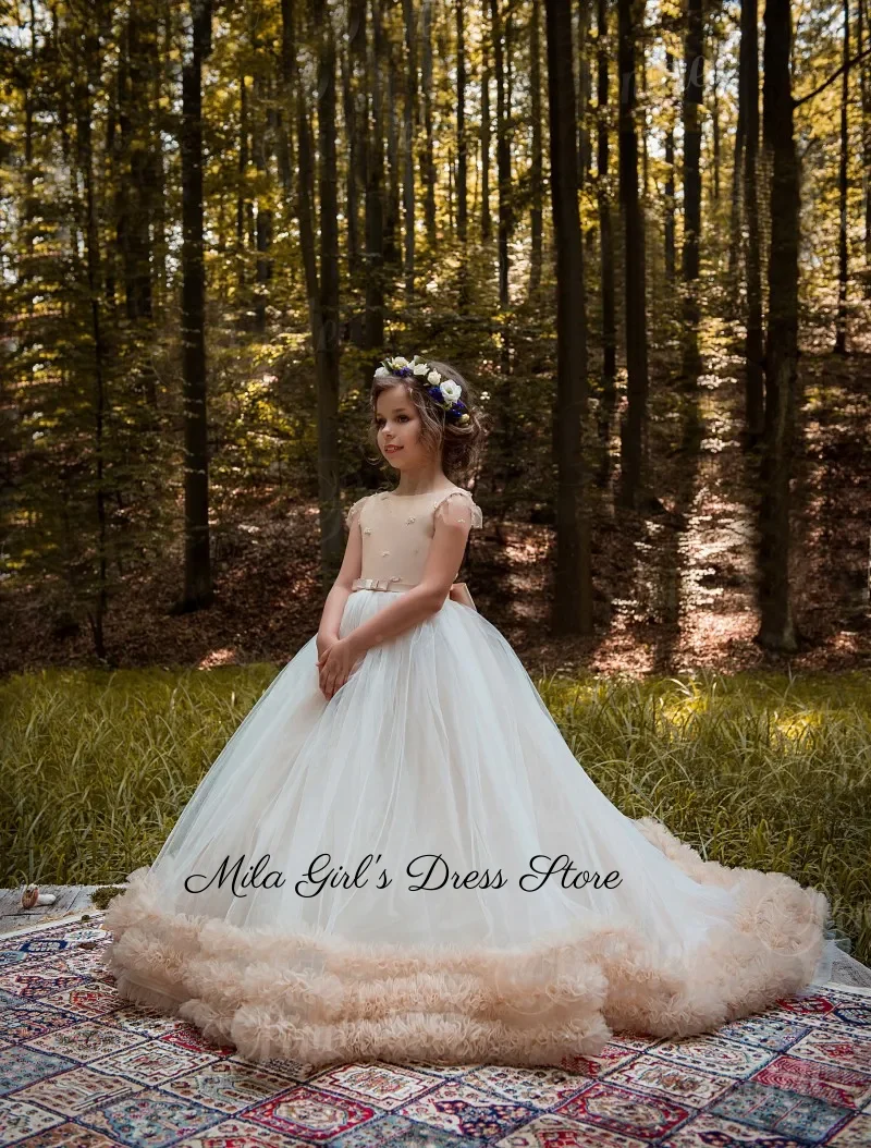 Ivory Long Ball Gown Tulle Princess Flower Girl Dresses For Wedding 2026 Pageant Dress Birthday Gown Wedding Party Dress Custom