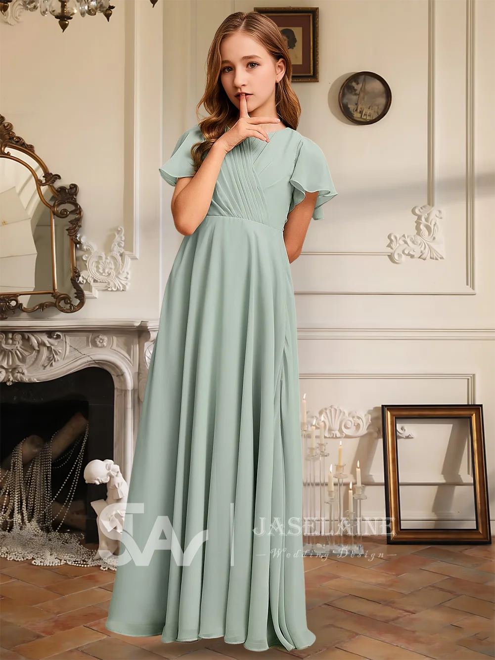 فستان أنيق على شكل حرف a بطول الأرض من الشيفون لوصيفة العروس الصغيرة فستان فتاة الزهور للفتيات لحفلات الزفاف والمناسبات الخاصة الرسمية