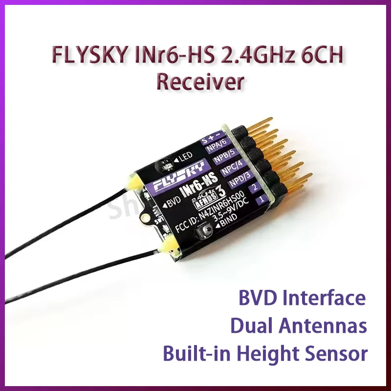 

FLYSKY INr6-HS 2.4GHz 6CH Receiver Dual Antennas Built-in Height Sensor BVD Interface AFHDS 3 for PL18 Radio Glider Drone RC Car