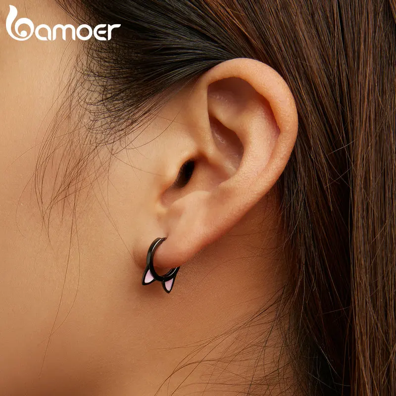 Bamoer S925 Sterling Silver Black cat\'s Claw Stud Earrings Cute Pink Cat\'s Ear Ear Buckle For Women Fine Jewelry Gift For Girl