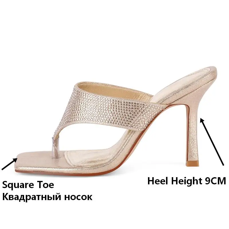 Onlymaker Women Rhinestones Open Toe Low Heels Thong Square Toe Kitten Heels Slip On Summer Party Heeled Dressy Sandals